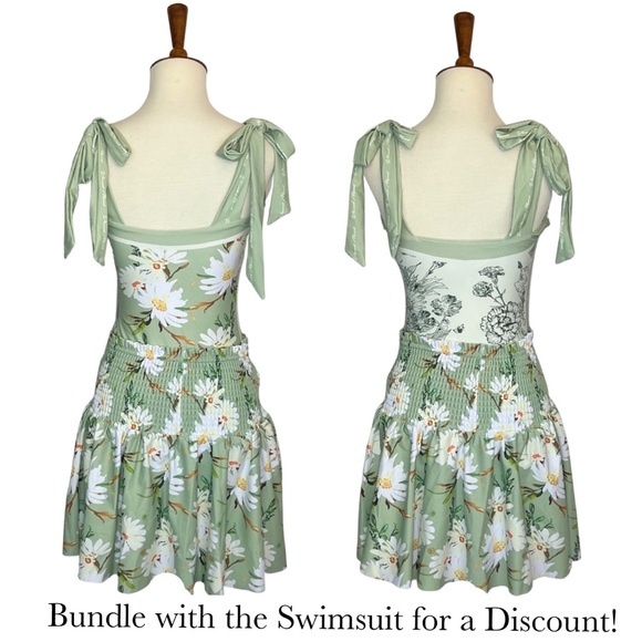 Retro Pale Green Floral Shirred High Waist Drawstring Beach Skirt - Picture 14 of 16